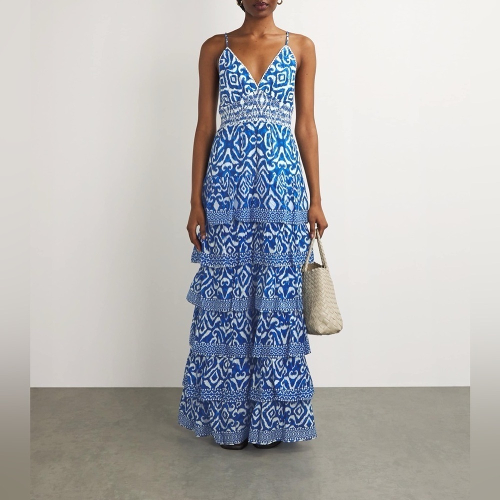 NWT Caroline Constas Blue and White Geometric Ikat Maxi Dress in size Large - Picture 6 of 10
